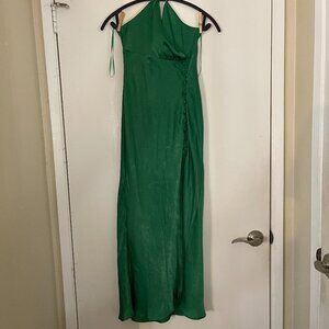 Zara S Long Green Silk Halter Dress – Button Detail & Front Slit